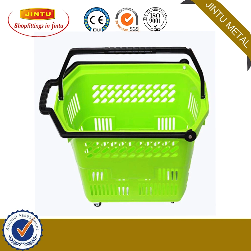 50L Supermarket Plastic Rolling Shopping Basket with 4 Wheels