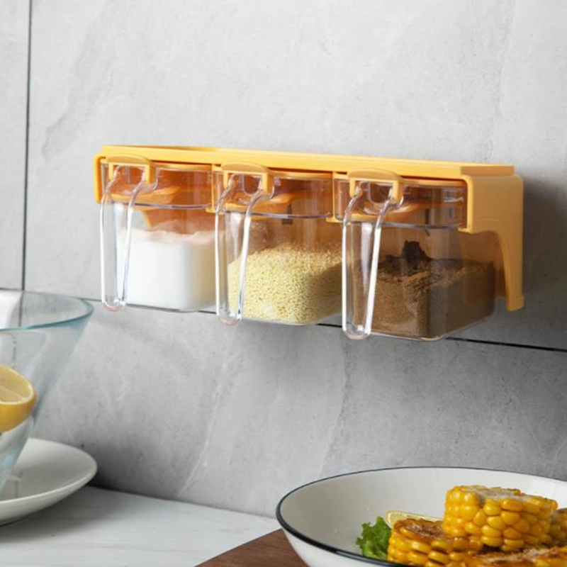 Wall Hanging Kitchen Pull out Seasoning Box with Lid Spoon Seasoning Rack Three in One Storage Box