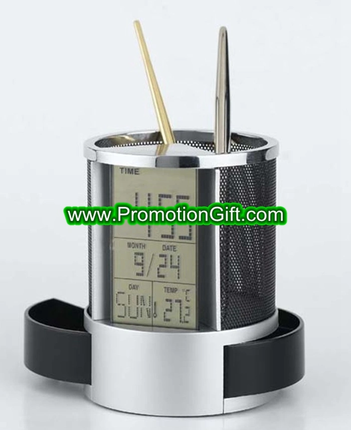 Custom Plastic LCD Temperature Clock Pen Holder