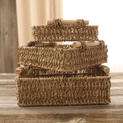 Деревянная ручка, плетеная из травы, плетеная настольная корзина для хранения из соломы ручной работы, ящик для хранения